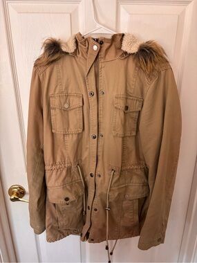 Women’s Tan Parka Jacket with Faux Fur Trim